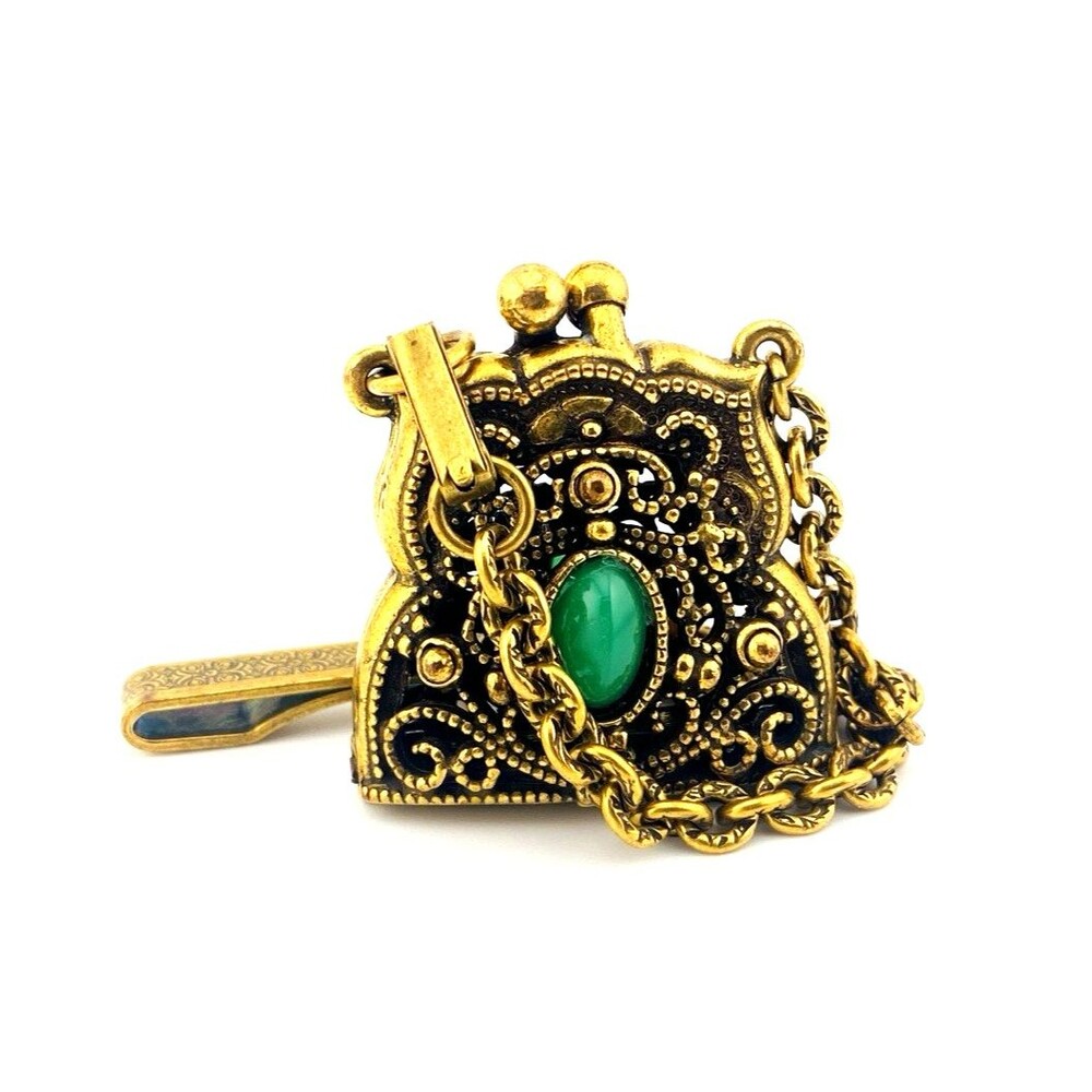Vintage Chatelaine Coin Purse Charm Kiss Lock Goldette Style Green Stone Clip